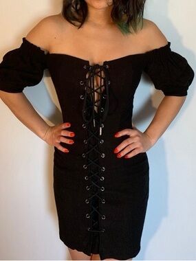 Stone Cold Fox Revolve $285 Black Pamela Lace Up Linen Corset Dress sz 1 XS